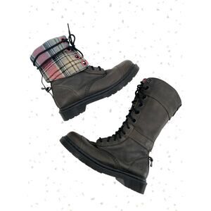 Dr. Martens Triumph Dark Brown Green Tartan Plaid Lining Fold Down Boots Size 8